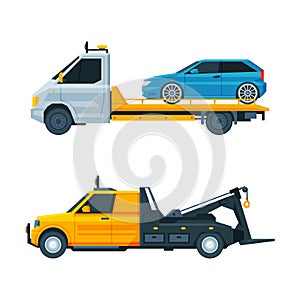 Tow Truck or Wrecker Moving Disabled or Impounded Motor Vehicle Vector Set