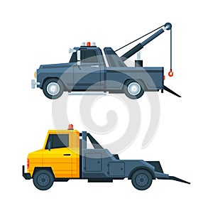 Tow Truck or Wrecker Moving Disabled or Impounded Motor Vehicle Vector Set