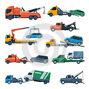Tow Trucks Set, Evacuation Vehicles Transporting Cars, Road Assistance Service Flat Vector Illustration
