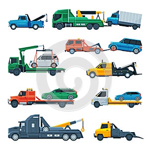 Tow Trucks Set, Evacuation Vehicles Transporting Cars, Road Assistance Service, Side View Flat Vector Illustration