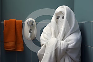 The towel as a hidden ghost in the corner of the bathroom.