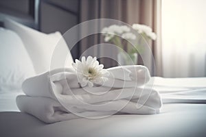 towel bed window bath welcome modern spa comfortable bedchamber flower. Generative AI.