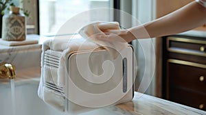 A towel being removed from a small portable towel warmer for onthego use photo