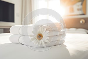 towel comfortable bed modern spa bath welcome flower window bedchamber. Generative AI.