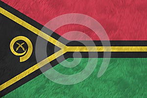 Towel fabric pattern flag of Vanuatu, red and green with black and yellow color boar`s tusk encircling two crossed fern fronds in