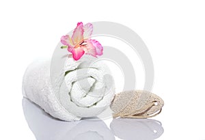 Towel, gladiola and pumice