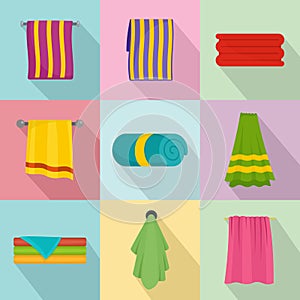 Towel hanging spa bath icons set, flat style photo