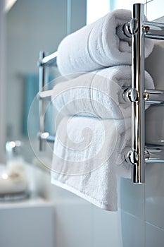 A towel rack with three towels on it, AI