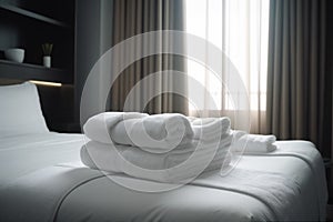 towel service home bed luxury hotel room fresh white resort. Generative AI.