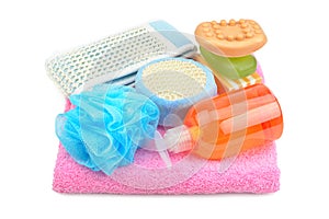 Towel, soap, shampoo and sponge