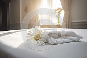 towel spa flower comfortable bed modern window welcome bath bedchamber. Generative AI.