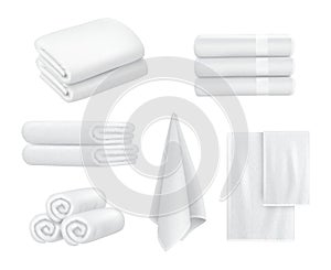 Towel stack. Luxury hotel textile items for bathroom sport or resort spa hygiene items white towels vector collection