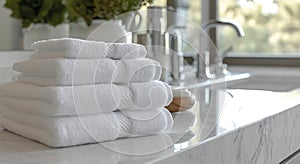 towel stackers white towels on white counter top