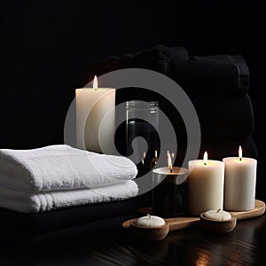 Towels and candles with a dark background. Spa still life. Spa composition of candles