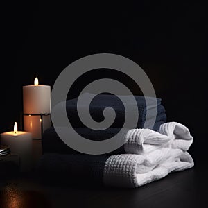 Towels and candles with a dark background. Spa still life. Spa composition of candles