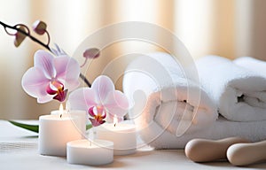 Towels and candles on massage table in spa salon. Place for relaxation