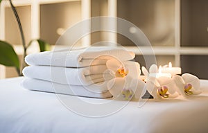 Towels and candles on massage table in spa salon. Place for relaxation