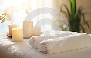 Towels and candles on massage table in spa salon. Place for relaxation