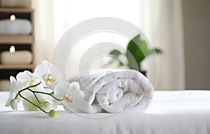 Towels and candles on massage table in spa salon. Place for relaxation