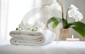 Towels and candles on massage table in spa salon. Place for relaxation