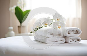 Towels and candles on massage table in spa salon. Place for relaxation