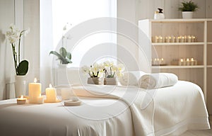 Towels and candles on massage table in spa salon. Place for relaxation