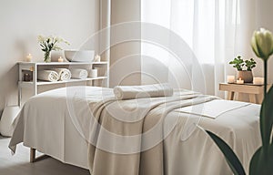 Towels and candles on massage table in spa salon. Place for relaxation