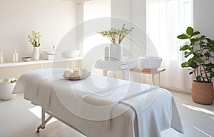 Towels and candles on massage table in spa salon. Place for relaxation