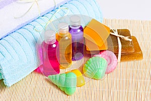 Towels, handmade soap and shower gels