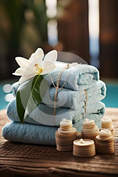 Towels with herbal bags in spa center. Generative AI