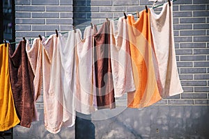 Towels hung out to dry on a washing line