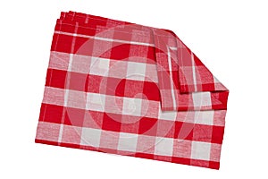 Towels isolated. Close-up of red and white checkered napkin or picnic tablecloth texture isolated on a white background. Kitchen