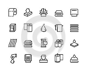 Towels and napkins line icons. Paper tissues bathroom and toilet towels, textile serviette and doily. Vector hand dryer photo