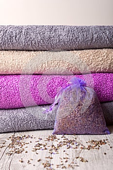 Towels, scented lavender ready to use in spa treatment.