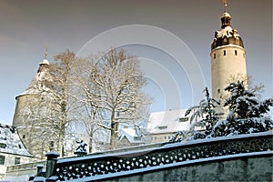 Tower in Altenburg in the winter with snow