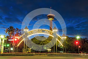 Tower of Americas at night in San Antonio, Texas