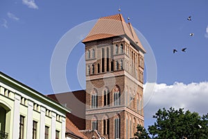 Tower of ancient St. James church (Kosciol pw. sw. Jakuba) in Torun, Poland from bricks