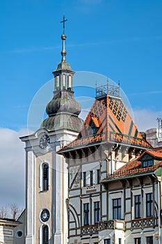 The tower of the Art Nouveau tenement house under the frogs and the tower of the Martin Luther church in Bielsko-Biala