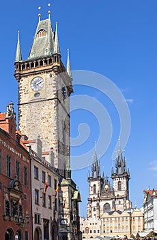 Tower with Astronomical clock and Tyn church in Prague