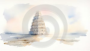 The Tower of Babel. Old Testament. Watercolor Biblical Illustration