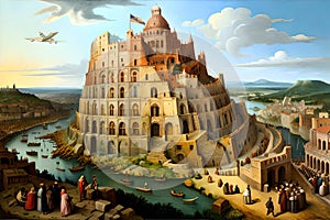 The Tower Of Babel, In The Style Of Bruegel -. Generative AI photo