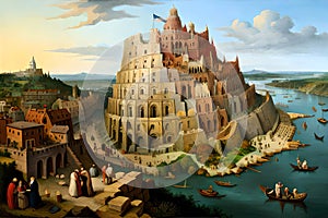 The Tower Of Babel, In The Style Of Bruegel -. Generative AI photo