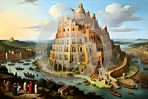The Tower Of Babel, In The Style Of Bruegel -. Generative AI photo