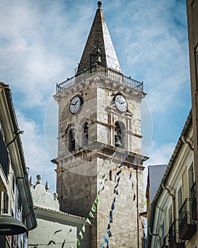 The tower bells and big clock of Saint Santiago church in Villena city, Alicante, Spain