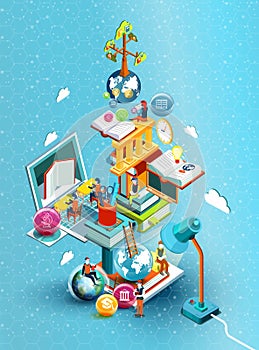 A tower of books with reading people. Educational concept. Online library. Online education isometric flat design.