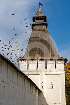 The tower of the Borovsky Monastery and a flying flock of pigeons. Pafnutyev-Borovsky Orthodox Monastery for Men