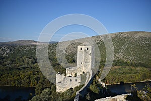 The Tower in the Bosnian medieval,oriental town of PoÄitelj and the Neretva river