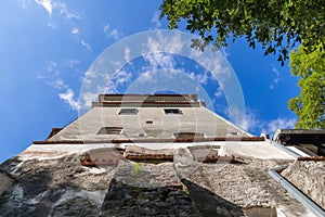 Tower of the Bran Castle Castelul Bran, commonly known as Dracula Castle soaring high into the blue sky. Transylvania, Brasov