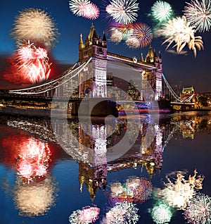 Tower Bridge with firework in London, England celebration of the New Year