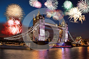 Tower Bridge with firework in London, England celebration of the New Year